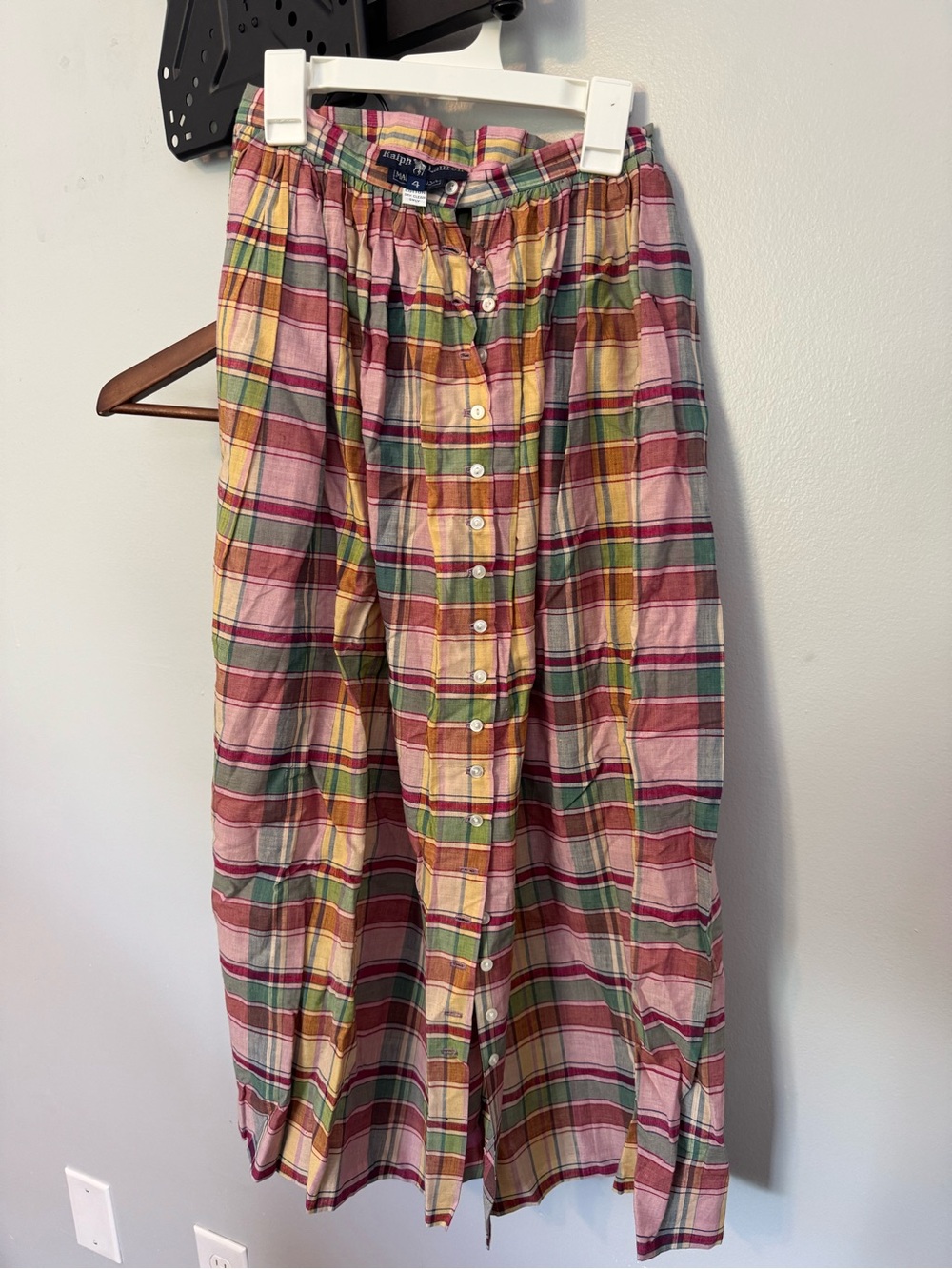 Vintage Ralph Lauren Pink Plaid Button-Front Maxi Skirt